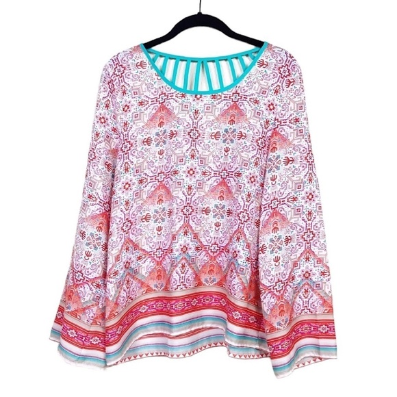 Altar'd State Multicolor Cage Yolk Ikat Print Bell Long Sleeve Top Size S Boho - Picture 3 of 6